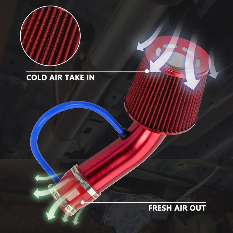 BARTOO 3'' Cold Air Intake Kit Aluminum Automotive Cold Air Intake Pipe Filter Induction Flow Hose Pipe Kit, Red - Image 4